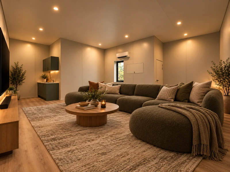 Warm living room with a curved sofa, timber flooring and a kitchenette