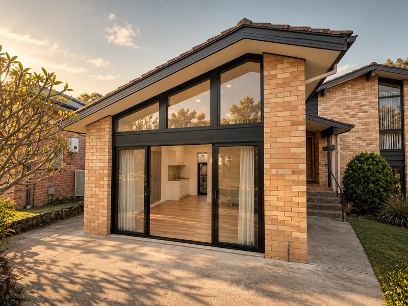 Brick garage conversion with full-height glazing and a pitched roof