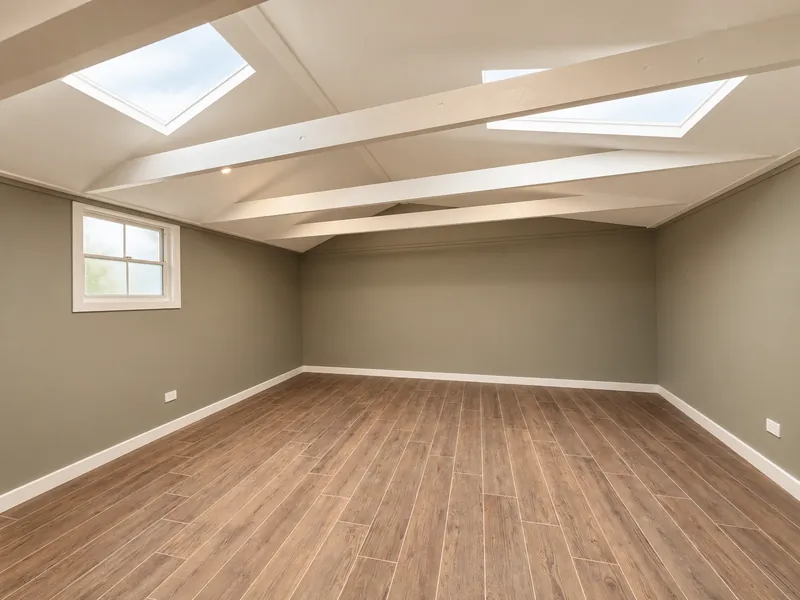 Bright converted room with exposed beams, skylights and timber flooring