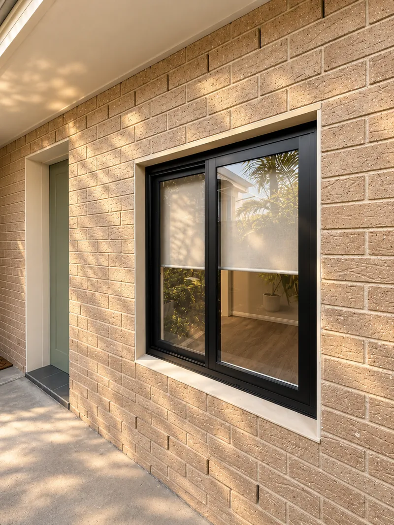 Brick conversion exterior with a black-framed window and paved access