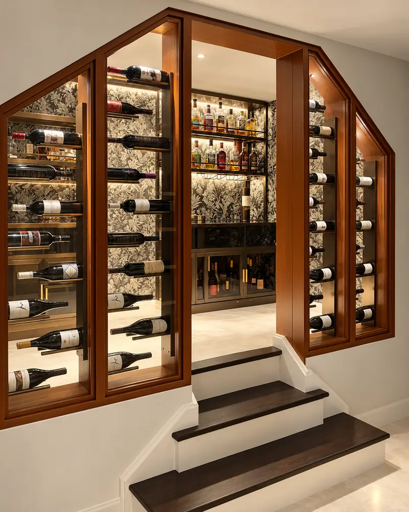 Glass-fronted collection room with illuminated display cabinets and timber steps
